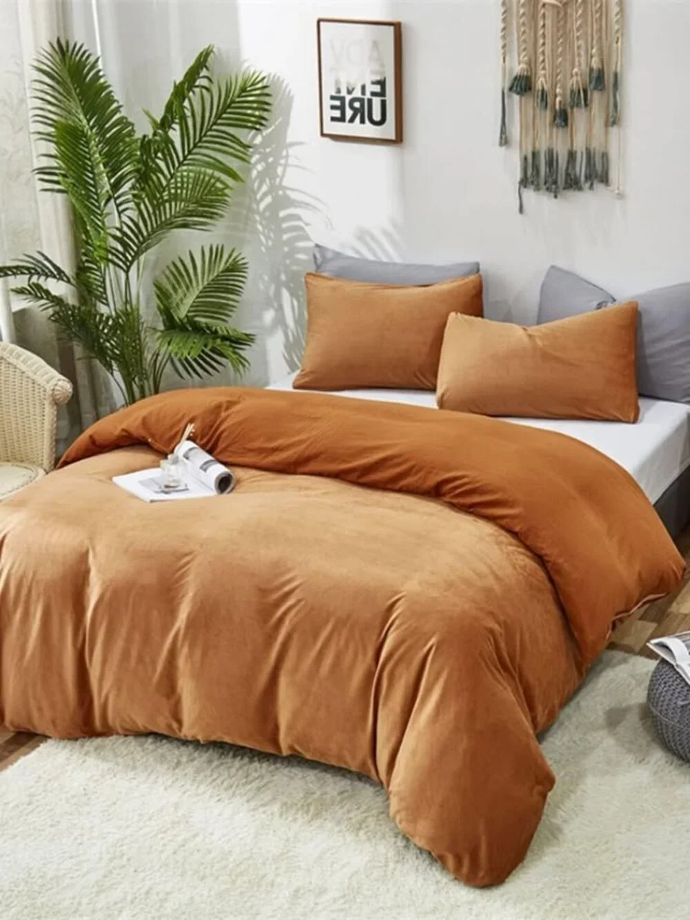 Luxlovery Pumpkin Velvet Comforter Set Full Rust Flannel Bedding Comforter Set